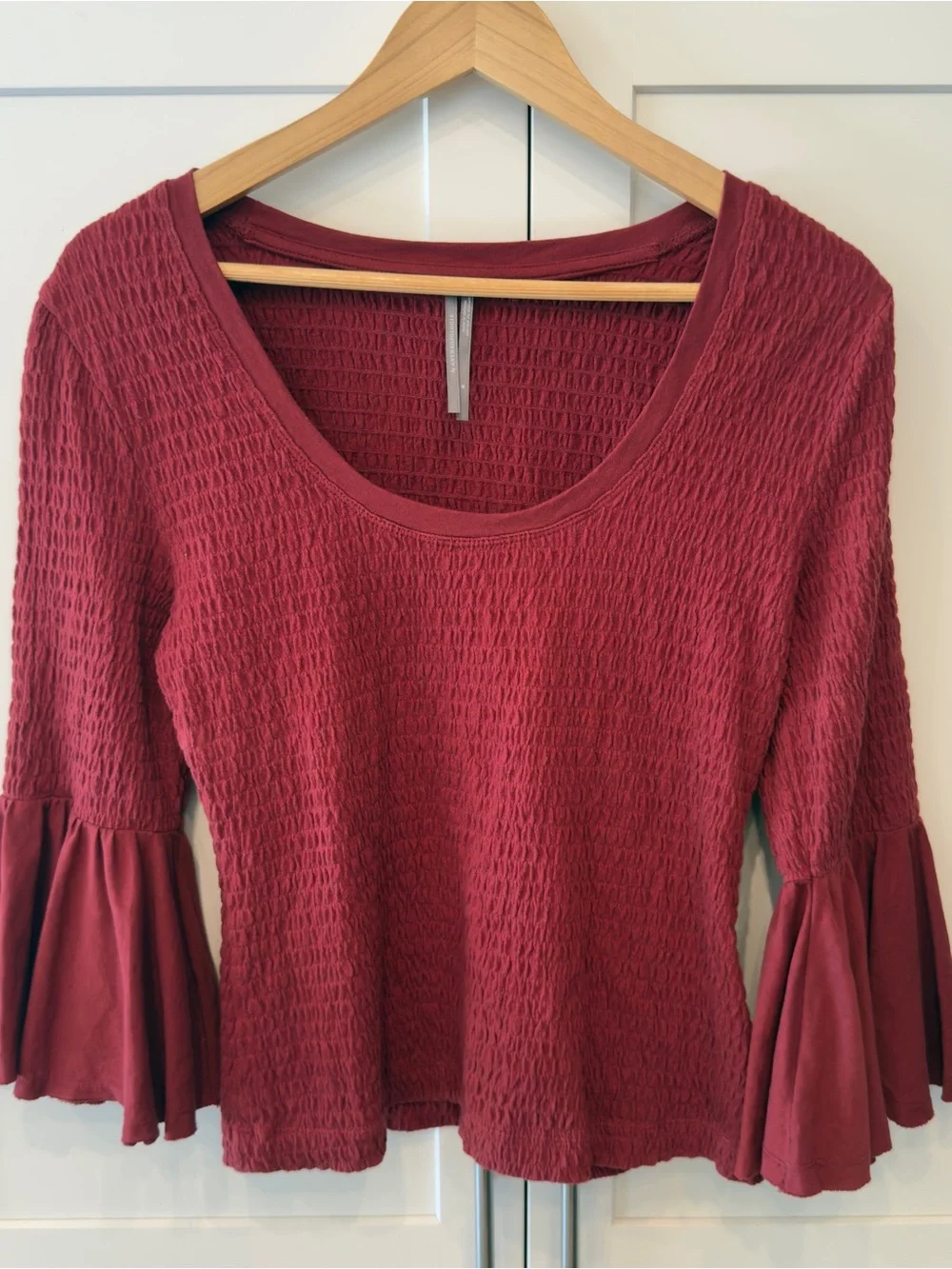 Anthropologie Wine Red Smocked Bell Sleeve Scoop Neck Top Size M